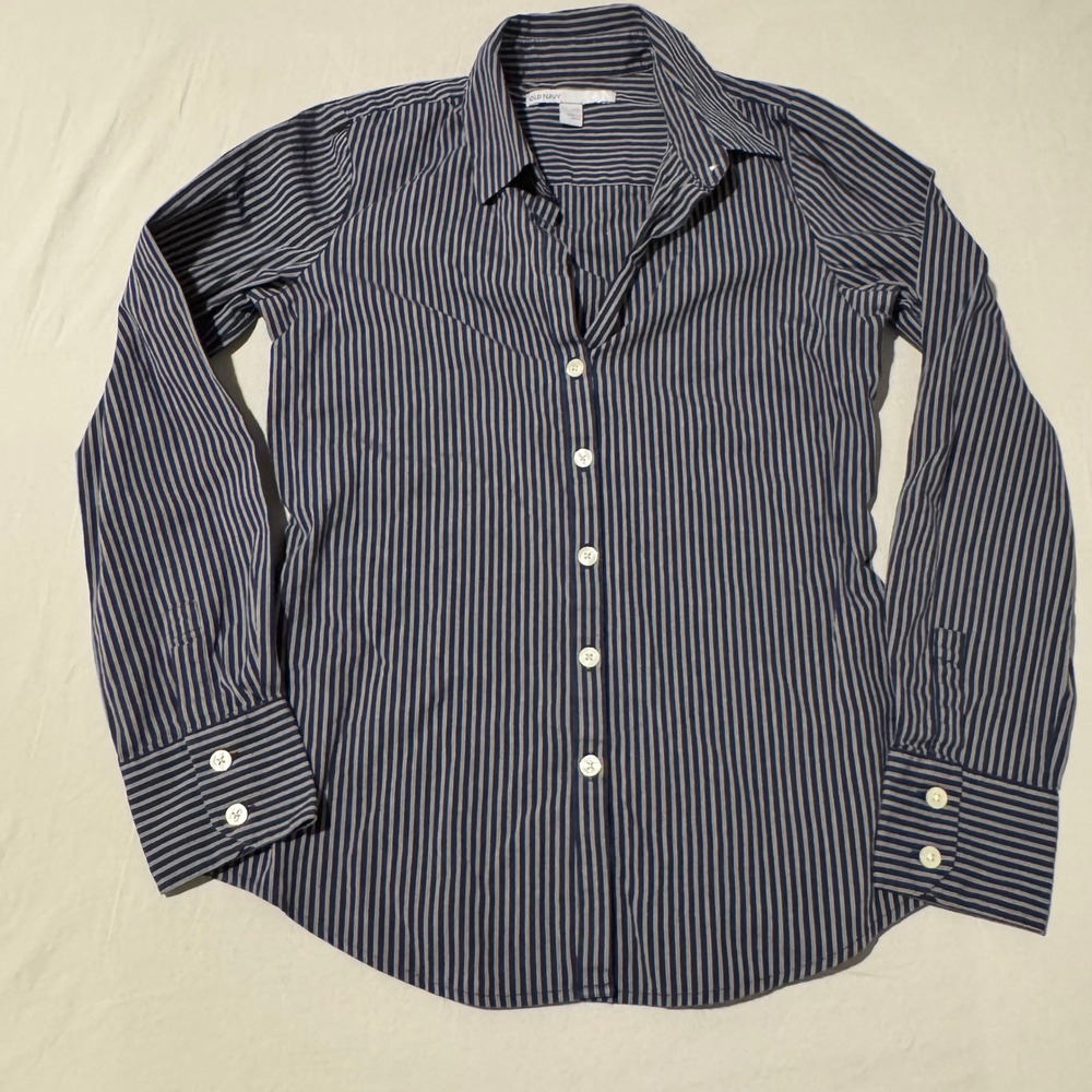 Women's Old Navy Button Down Navy & White Stripped‎ Shirt Long Sleeve Size XS